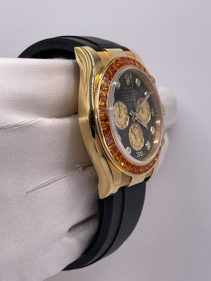 2025 Watch Daytona 116588SACO Yellow Gold Orange Sapphire Bezel Black Diamond Dial